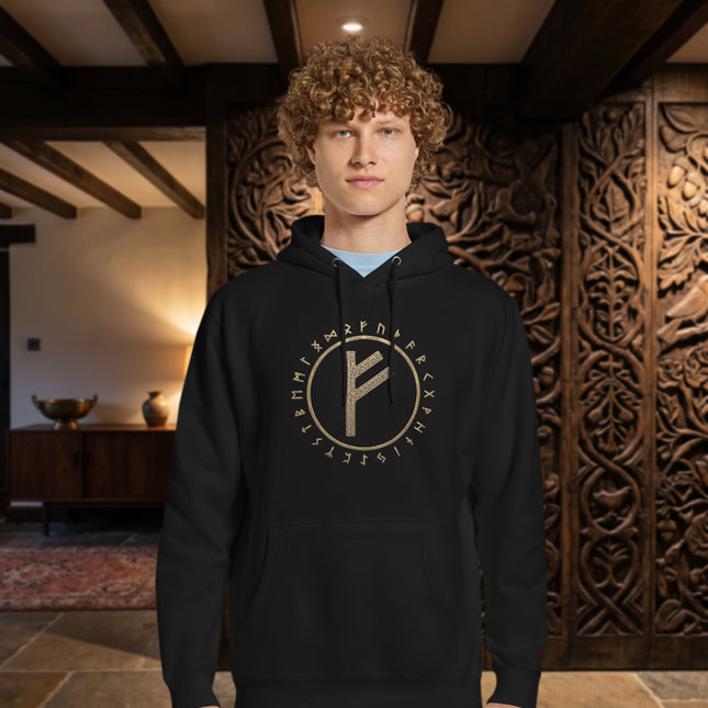 Fehu Rune Circle Hoodie | Elder Futhark Norse Viking Symbol Pullover Hoodie