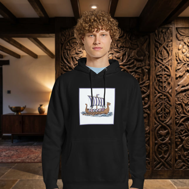 Viking Longship Hoodie | Norse Ship, Striped Sail & Shields Unisex Pullover