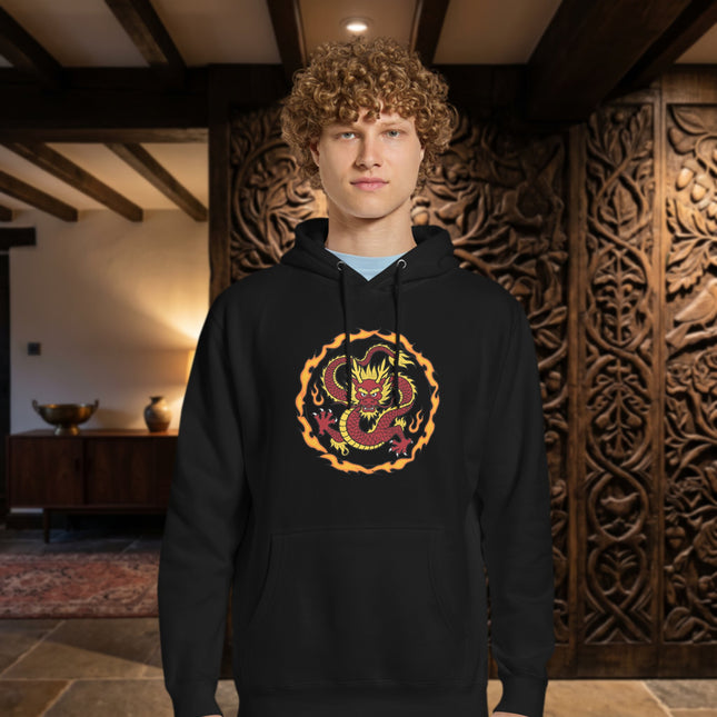 Fiery Chinese Dragon Hoodie | Serpent With Flames Print Unisex Pullover