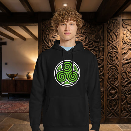 Green Celtic Triskelion triple spiral graphic printed on a unisex pullover fleece hoodie.