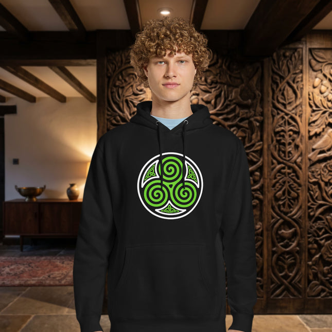 Celtic Triskelion Hoodie | Green Triple Spiral Graphic Unisex Pullover Fleece