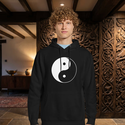 Cosmic balance yin yang symbol printed on a comfortable pullover hoodie sweatshirt.