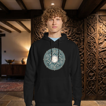 Arianrhods Wheel Celtic mythology hoodie featuring a detailed moon mandala pullover design.
