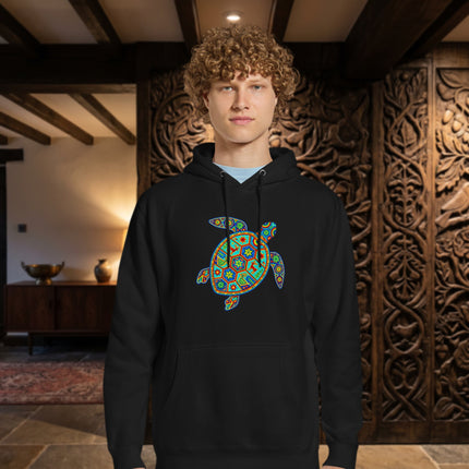 Vibrant Huichol tribal sea turtle graphic pullover hoodie fleece.