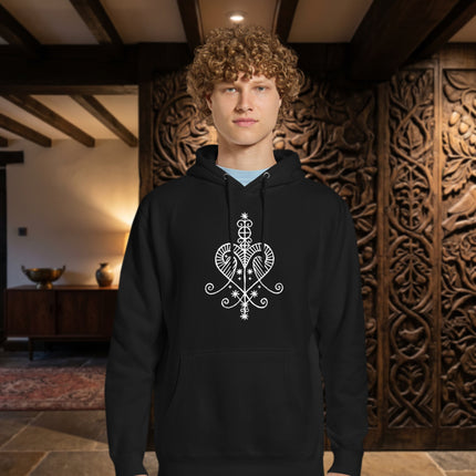 Erzulie Freda Veve Voodoo Queen spiritual symbol graphic on black pullover hoodie.