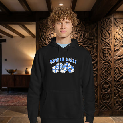 Norse Viking Shield Wall graphic hoodie design on a unisex pullover for warriors.