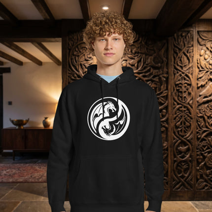White and black dragons forming a zen yin yang symbol on a unisex pullover hoodie.