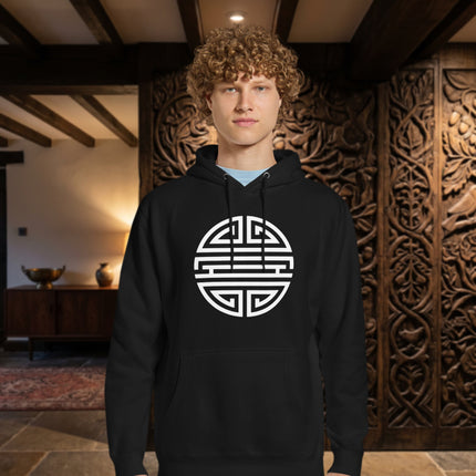 Unisex pullover hoodie featuring the traditional Chinese Shou longevity symbol graphic print design.