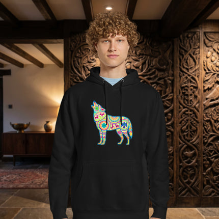 Vibrant Huichol wolf graphic hoodie featuring traditional Mexican folk art patterns.