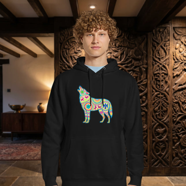 Vibrant Huichol Wolf Graphic Hoodie | Mexican Folk Art Pattern Pullover Hoodie
