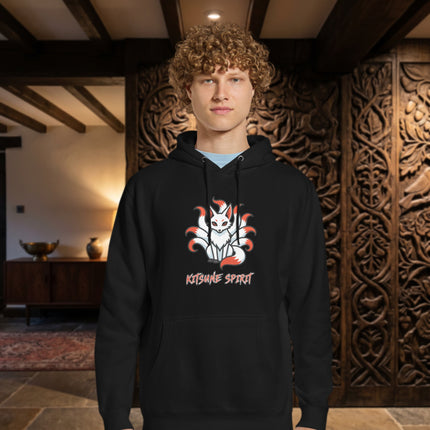 Kitsune nine-tailed fox spirit hoodie featuring detailed Japanese folklore artwork design.