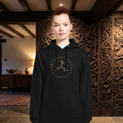 Norse rune circle pattern on a Viking pullover hoodie featuring Futhark symbols.