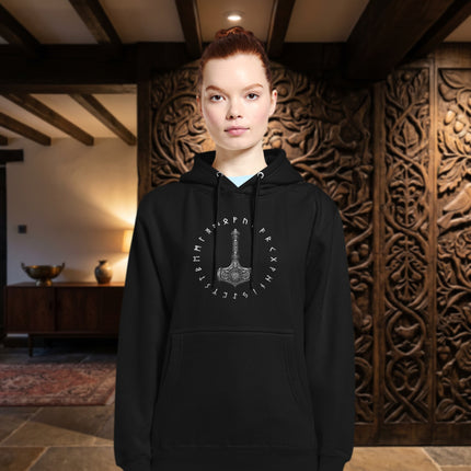 Mjolnir hammer rune hoodie with Norse Viking mythology graphic print.