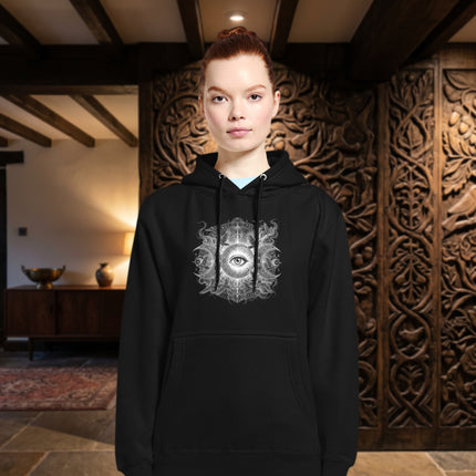 Spiritual triple moon eye graphic printed on a comfortable awakening themed hoodie.