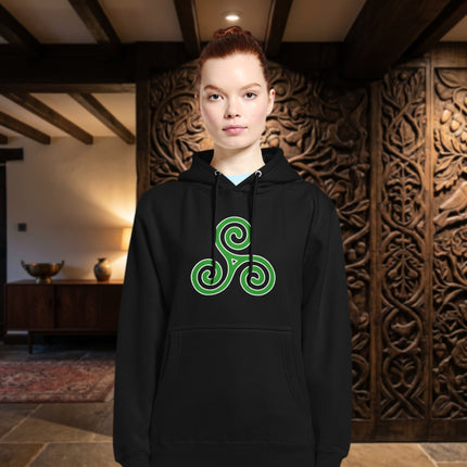 Celtic Triskelion symbol on unisex pullover fleece hoodie featuring a triple spiral design.
