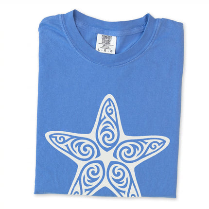 Tribal black t-shirt featuring an ornate starfish sea creature graphic print.