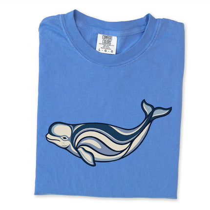 Indigenous beluga whale graphic tee shirt featuring traditional Inuit art marine design.