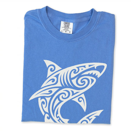 Polynesian tribal shark tattoo graphic t-shirt design on comfort colors tee.