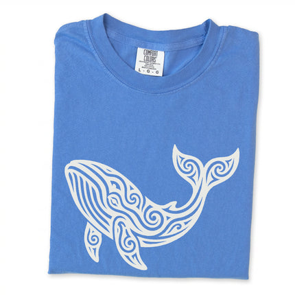 Intricate tribal whale graphic tee shirt featuring detailed ocean animal art.