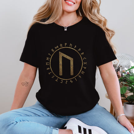 Uruz Rune Viking symbol on black t-shirt featuring Norse mythology design.