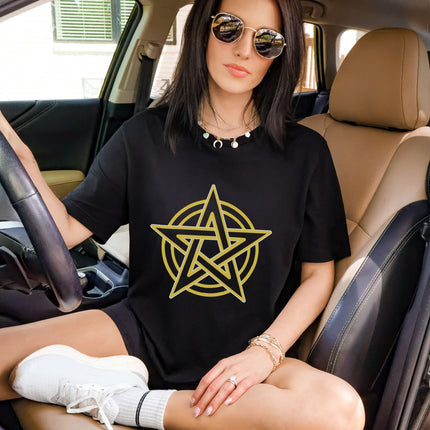 Pentagram T-Shirt | Yellow Graphic Wiccan Pentacle Star Graphic Tee Shirt