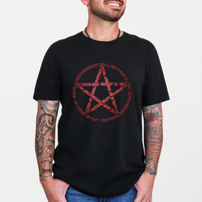 Red Pentacle Pentagram T-Shirt | Distressed Pagan Witchcraft Star Graphic Tee