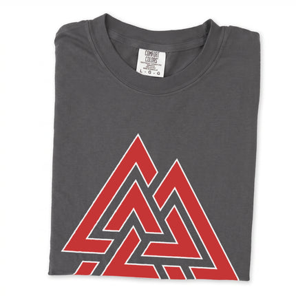 Valknut Viking graphic t-shirt featuring Norse Asgardian knot symbol design.