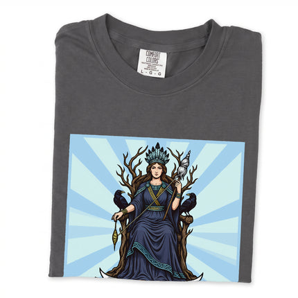 Frigg Queen of Asgard Norse mythology t-shirt graphic featuring raven goddess art.