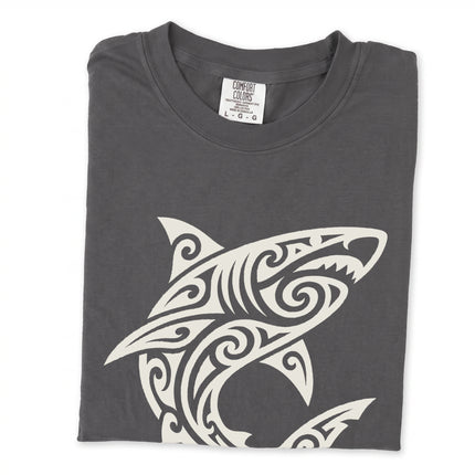 Tribal shark graphic tee featuring Polynesian tattoo style design print.