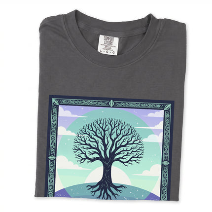 Yggdrasil Tree of Life t-shirt featuring intricate Celtic knot roots, branches, and cosmic design.