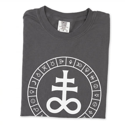 Occult Leviathan cross and alchemical symbols graphic print on a black t-shirt.