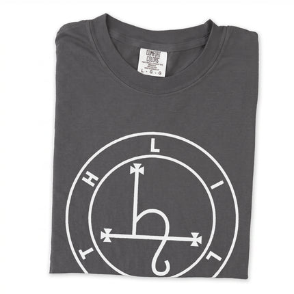 White long sleeve t-shirt featuring a circular occult sigil graphic.