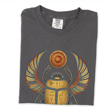 Winged Khepri scarab Egyptian god graphic long sleeve t-shirt design.