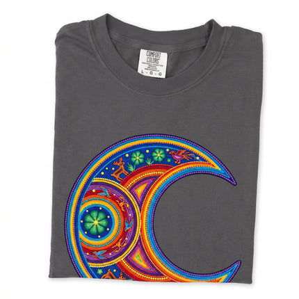 Vibrant t-shirt featuring a colorful Huichol-inspired crescent moon and Mexican folk art graphic.