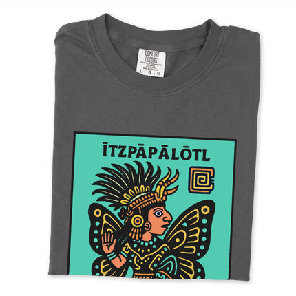Aztec butterfly goddess print on a t-shirt featuring Mesoamerican mythological artwork.