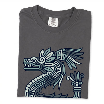 Quetzalcoatl feathered serpent graphic printed on an Aztec mythology t-shirt.