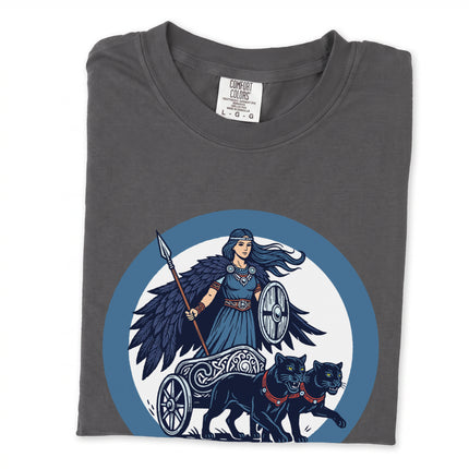Freya Norse Goddess cat chariot graphic print on a Viking mythology t-shirt.