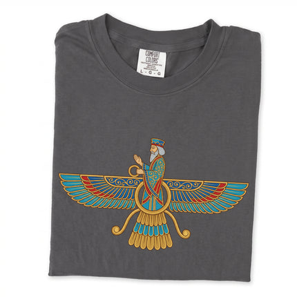 Faravahar ancient Persian symbol graphic tee featuring Zoroastrianism art print.