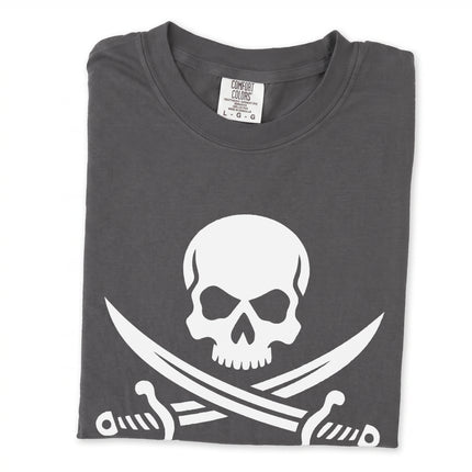 Jolly Roger pirate skull and cutlass graphic t-shirt featuring classic crossbones symbol.
