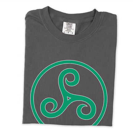 Green long sleeve t-shirt featuring a Celtic triskelion triple spiral design.