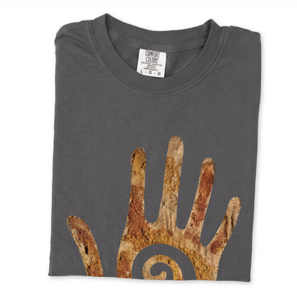 Ancient spiral hopi symbol native american hand graphic t-shirt design.