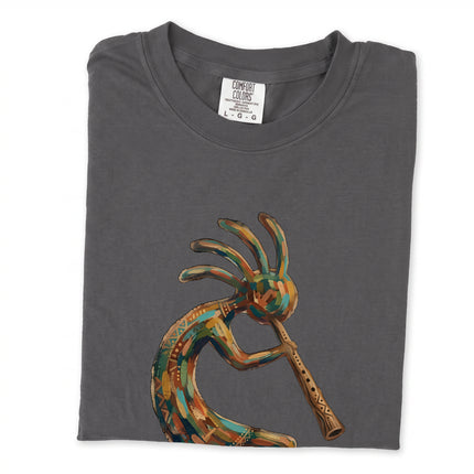 Southwestern Kokopelli graphic tee shirt featuring native American inspired artwork and tribal patterns.