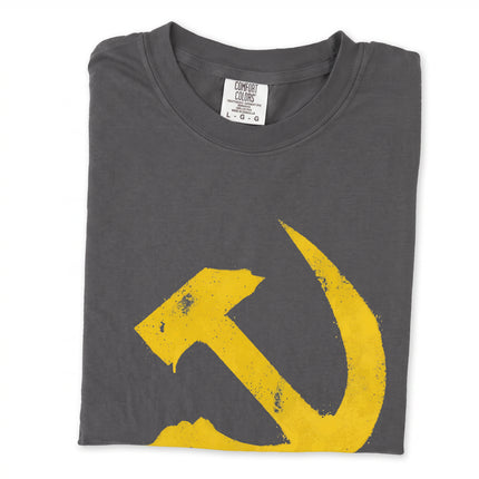 Vintage distressed t-shirt featuring a graphic of the hammer and sickle Soviet symbol.