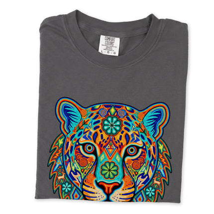 Colorful psychedelic Huichol jaguar graphic t-shirt featuring vibrant Mexican art design.