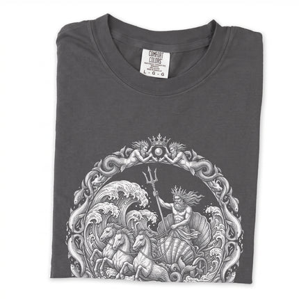 Poseidon Sea God chariot and trident graphic on a long sleeve tee, featuring Greek mythology art.