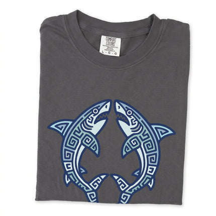 Mayan tribal shark graphic tee shirt with geometric ocean life design.