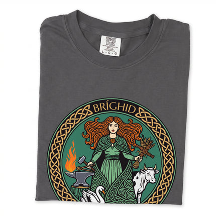 Brighid Celtic Goddess t-shirt design featuring Irish mythology symbols of fire, swan, and cow.