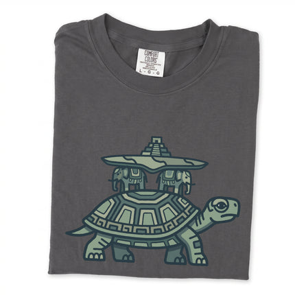 World Turtle Mayan Temple graphic tee featuring ancient mythological art print.