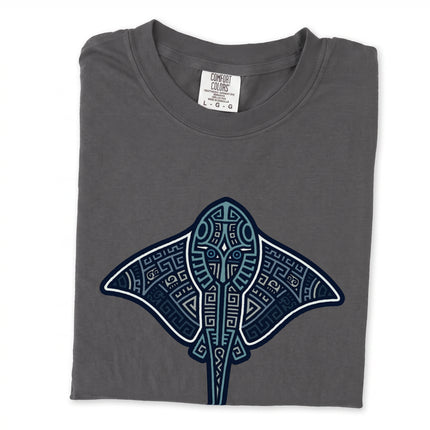 Tribal geometric stingray and blue ocean animal print t-shirt featuring Mayan inspired designs.