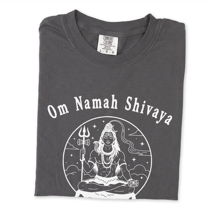 Om Namah Shivaya Lord Shiva mantra graphic t-shirt design for Hindu devotees.